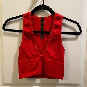 Red Ribbed V-Neck Top